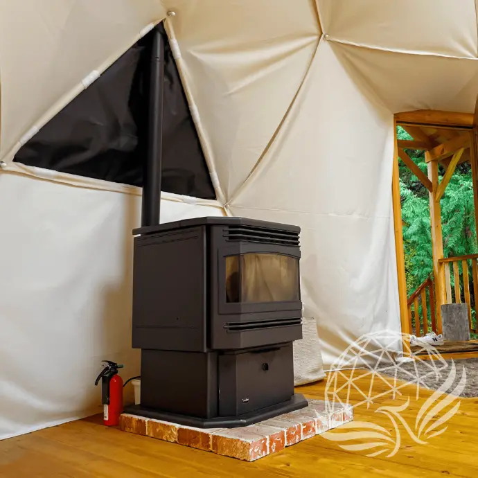 a pellet stove on a geodesic dome