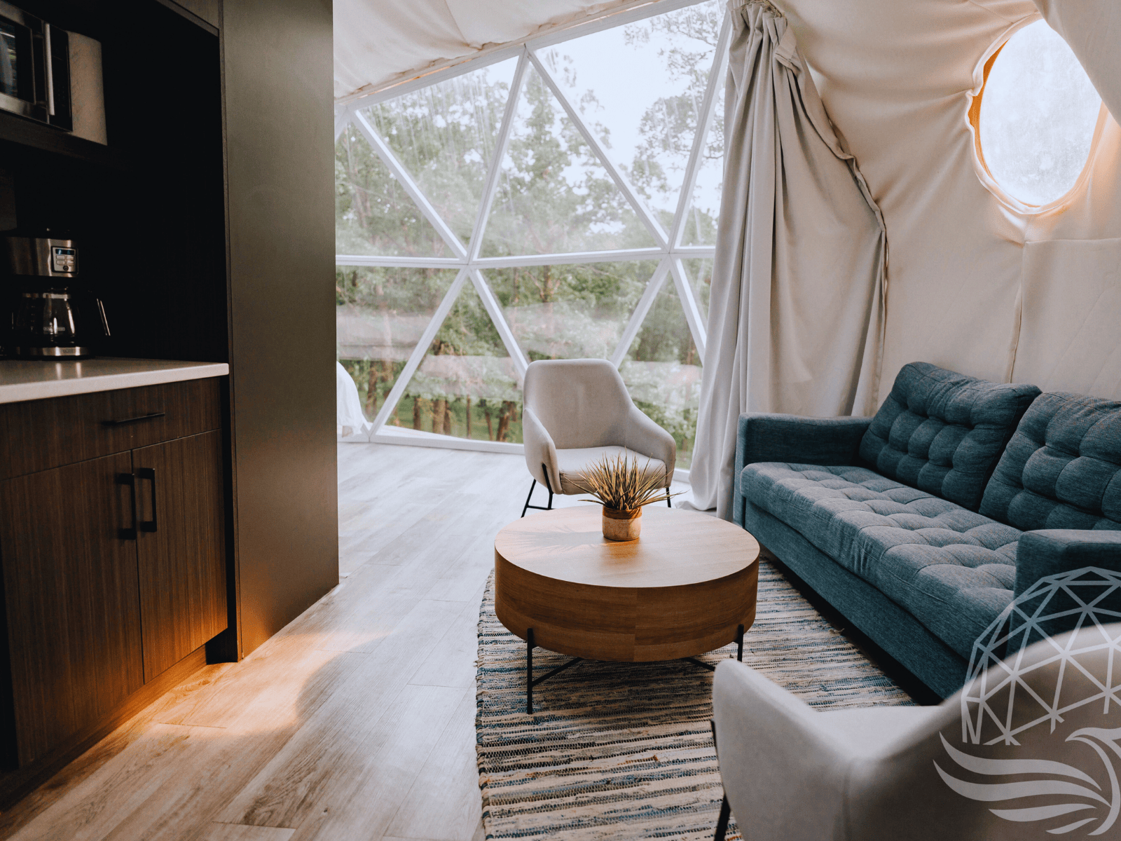 a comfy living room on a geodesic dome