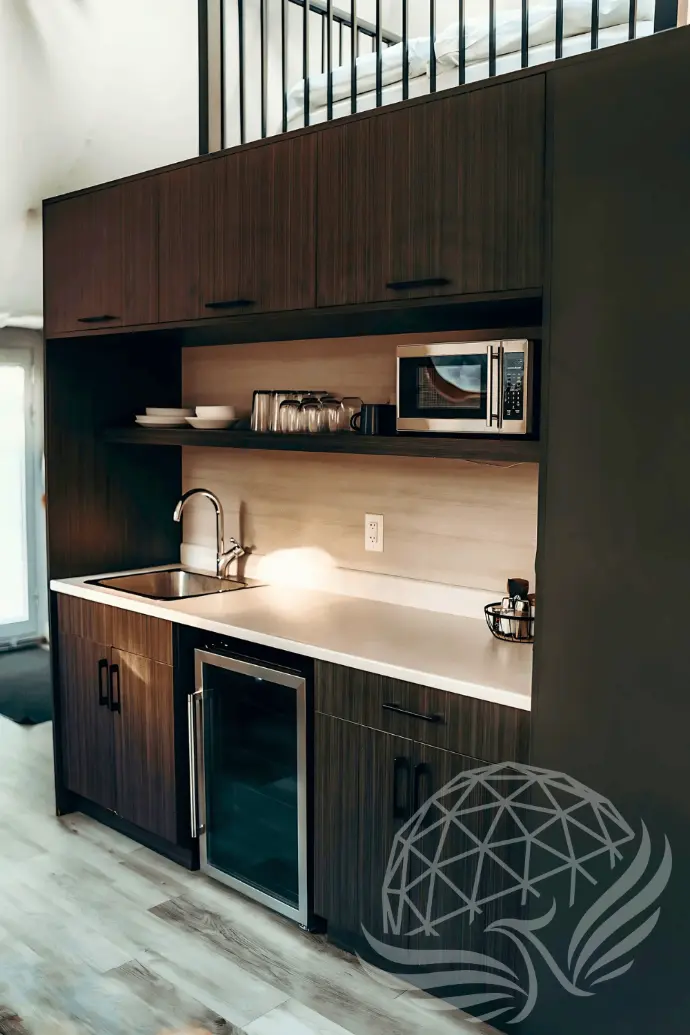 a mini kitchen on a geodesic home