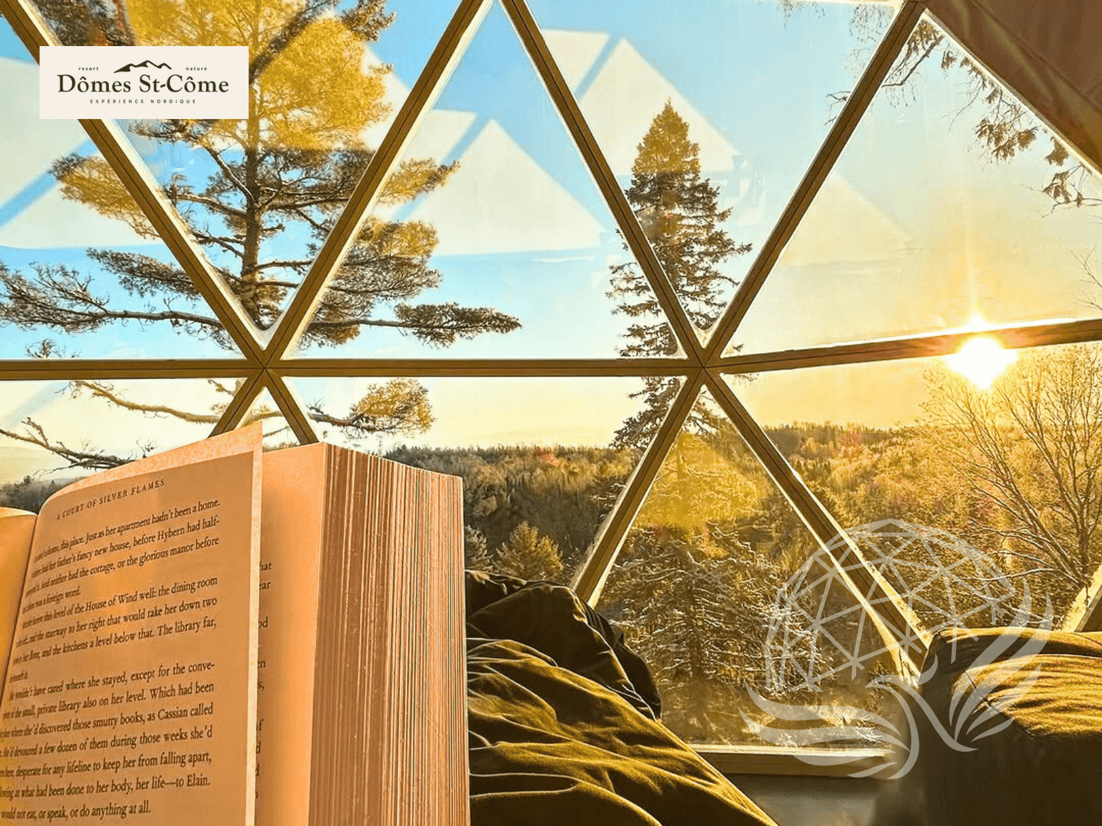 reading a book in front of a hybrid panorama window overseeing the sunrise