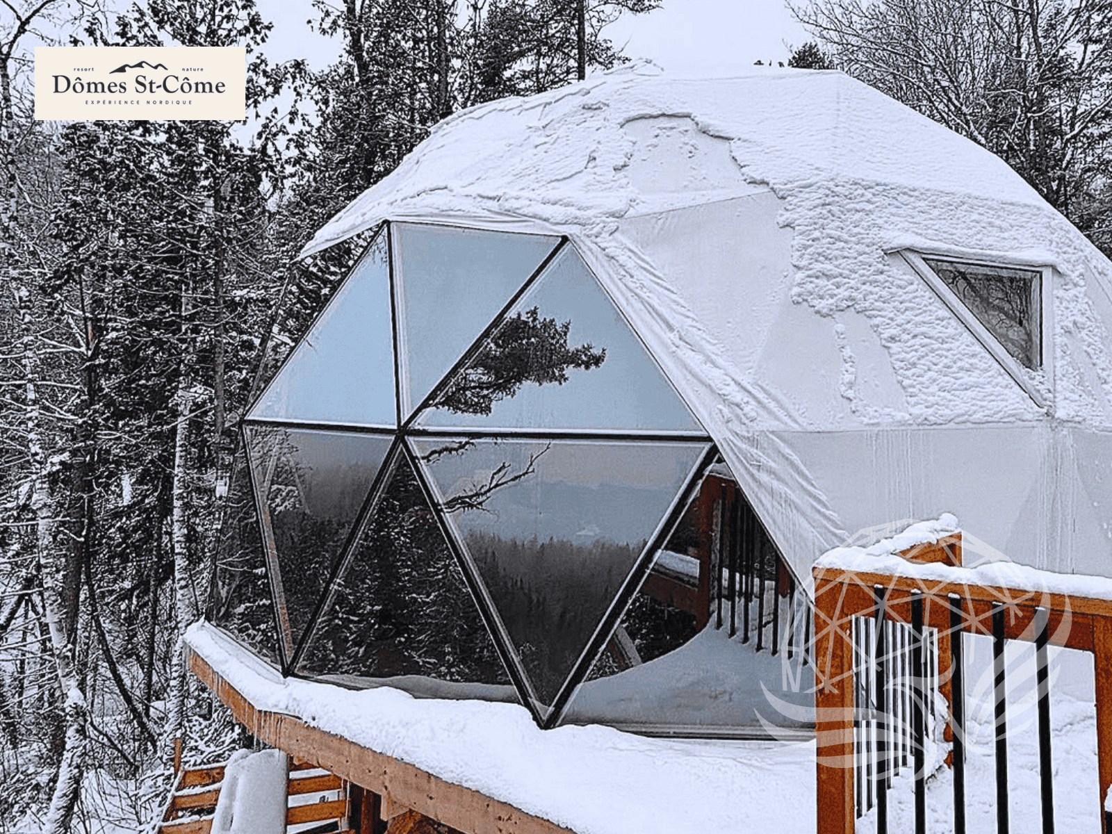 geodesic dome with hybrid panorama window covered in snow