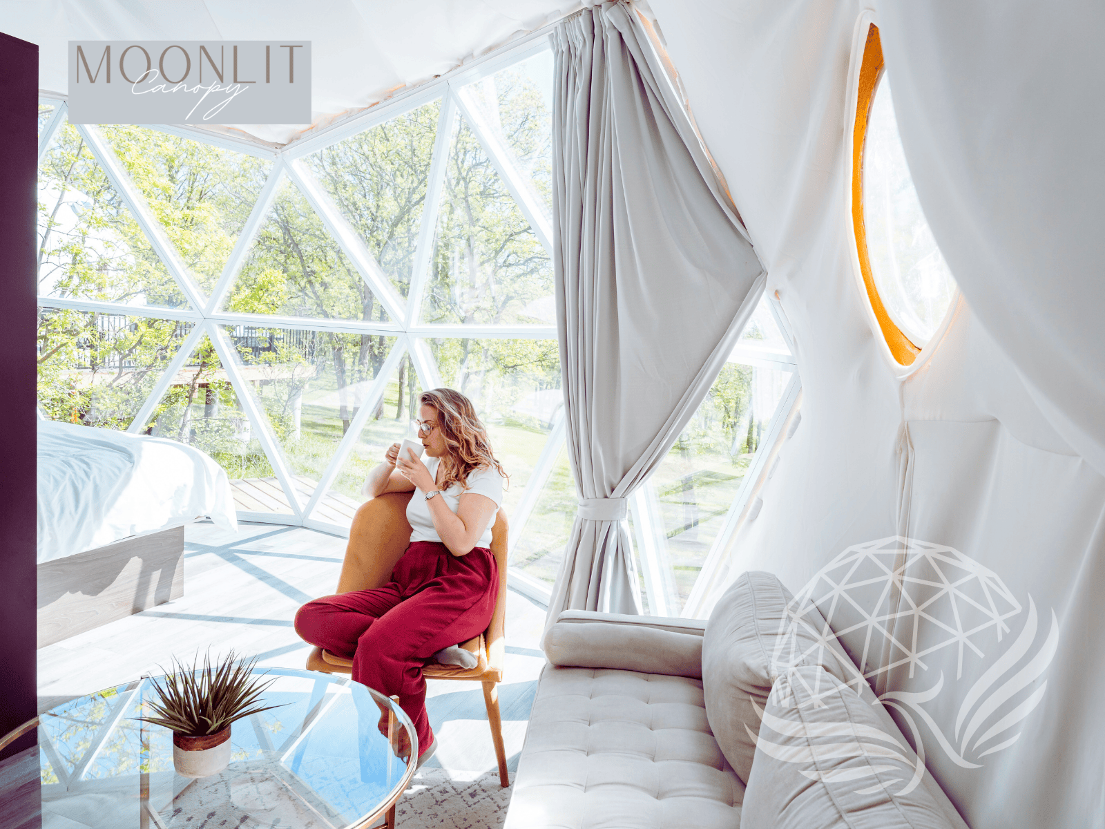 a woman enjoying a cup of coffee on a comfortable geodesic home