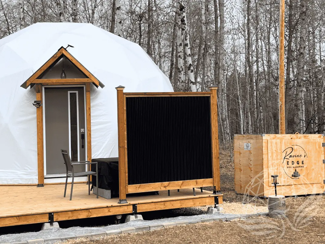 Ravine's Edge white geodesic dome with private deck