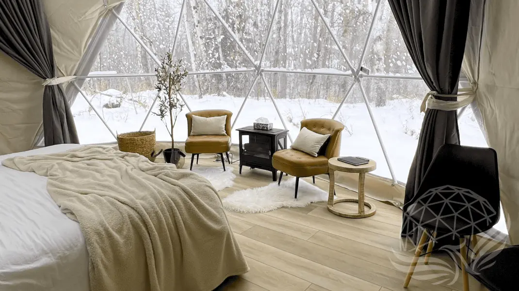 a cozy interior of a geodesic dome during winter on Alberta,Canada