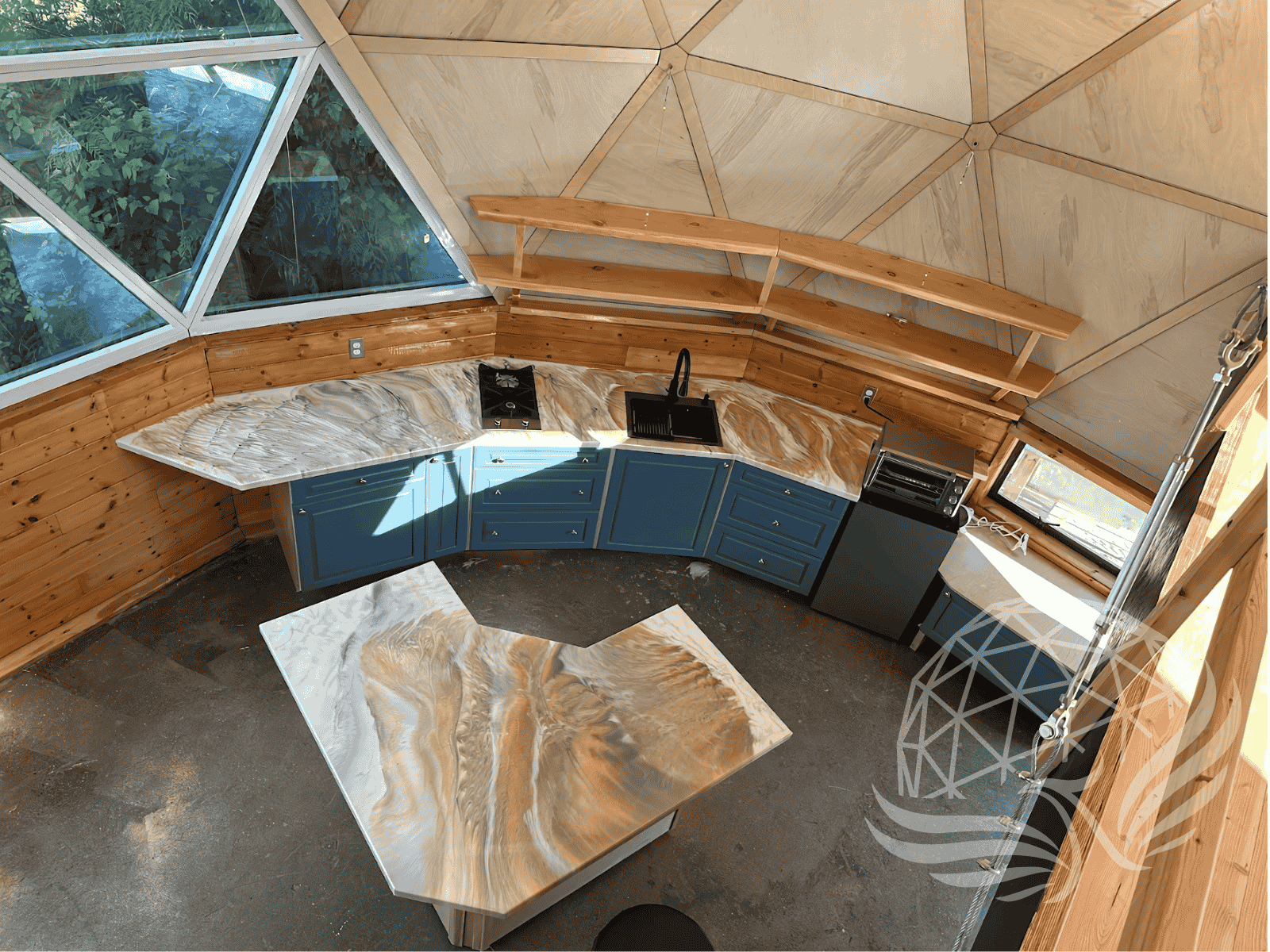 Top view inside a geodesic residential dome