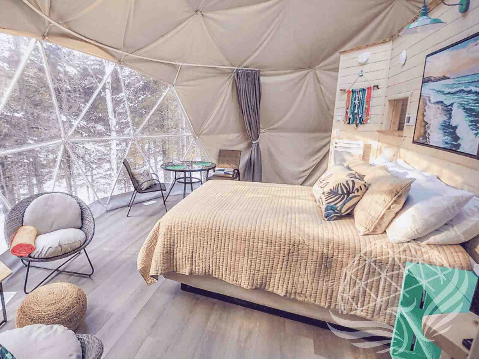Comfortable dome with warm textures and large panoramic window