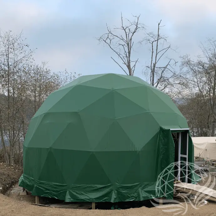 8M Forest Green Deluxe Glamping Dome – Limited Stock 25% Off 8M Forest Green Geodesic Dome on deck platform for luxury glamping