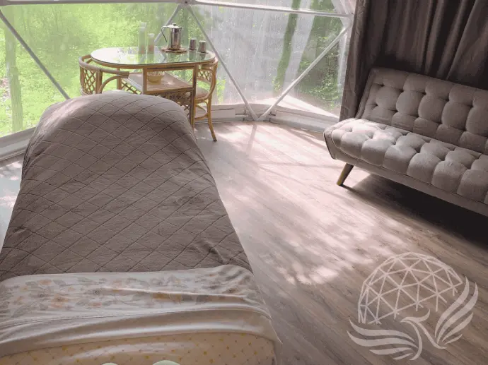 massage bed inside a geodesic dome