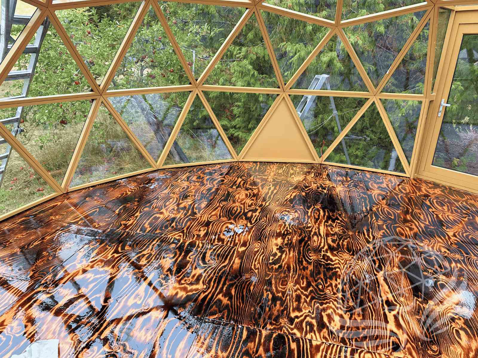 Modern wooden geodesic dome under construction with blue glass panels and door, surrounded by green forest and scaffolding.