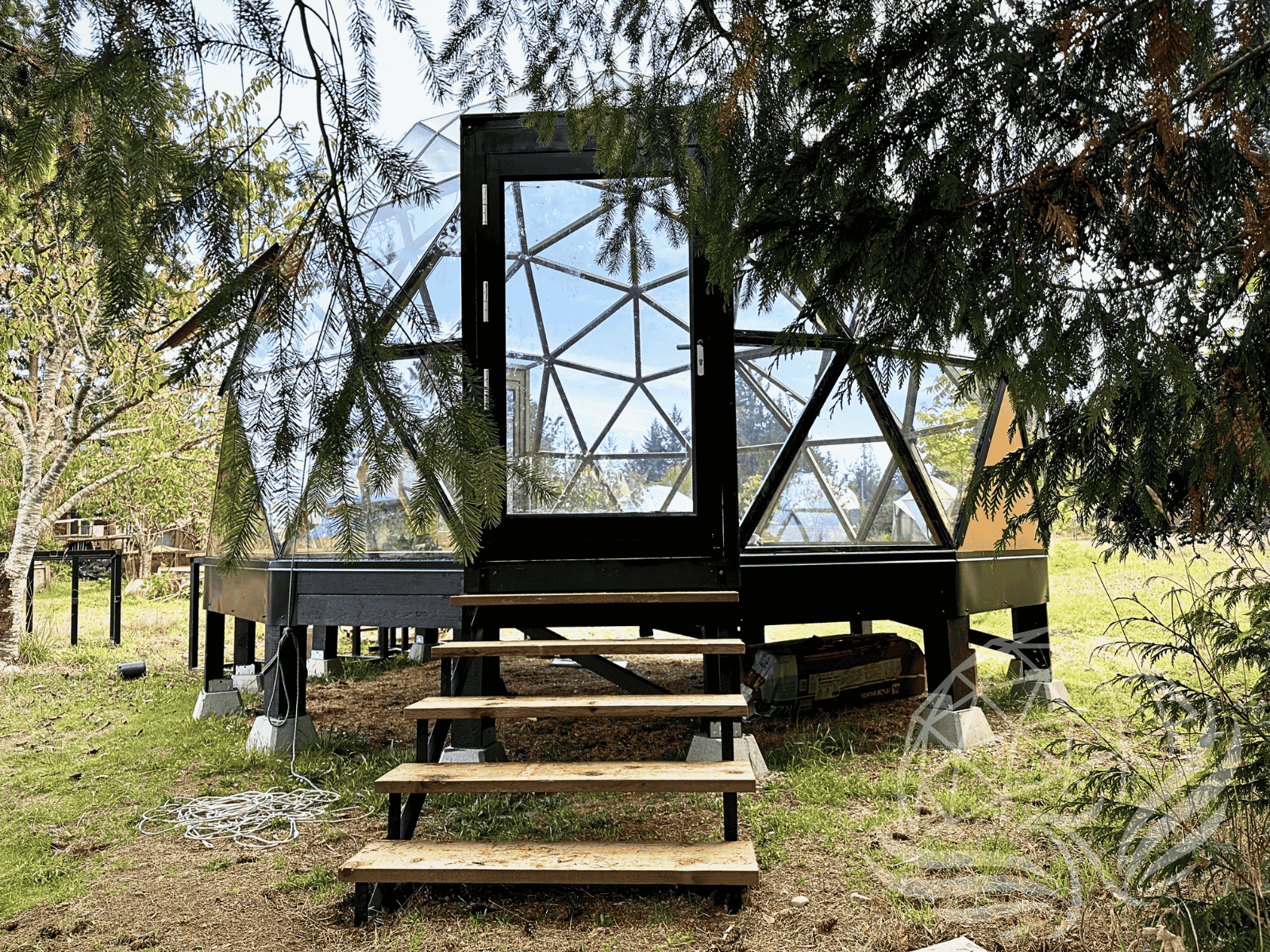 Front entrance and stairs leading up to a Phoenix Domes glass geodesic dome surrounded by trees.