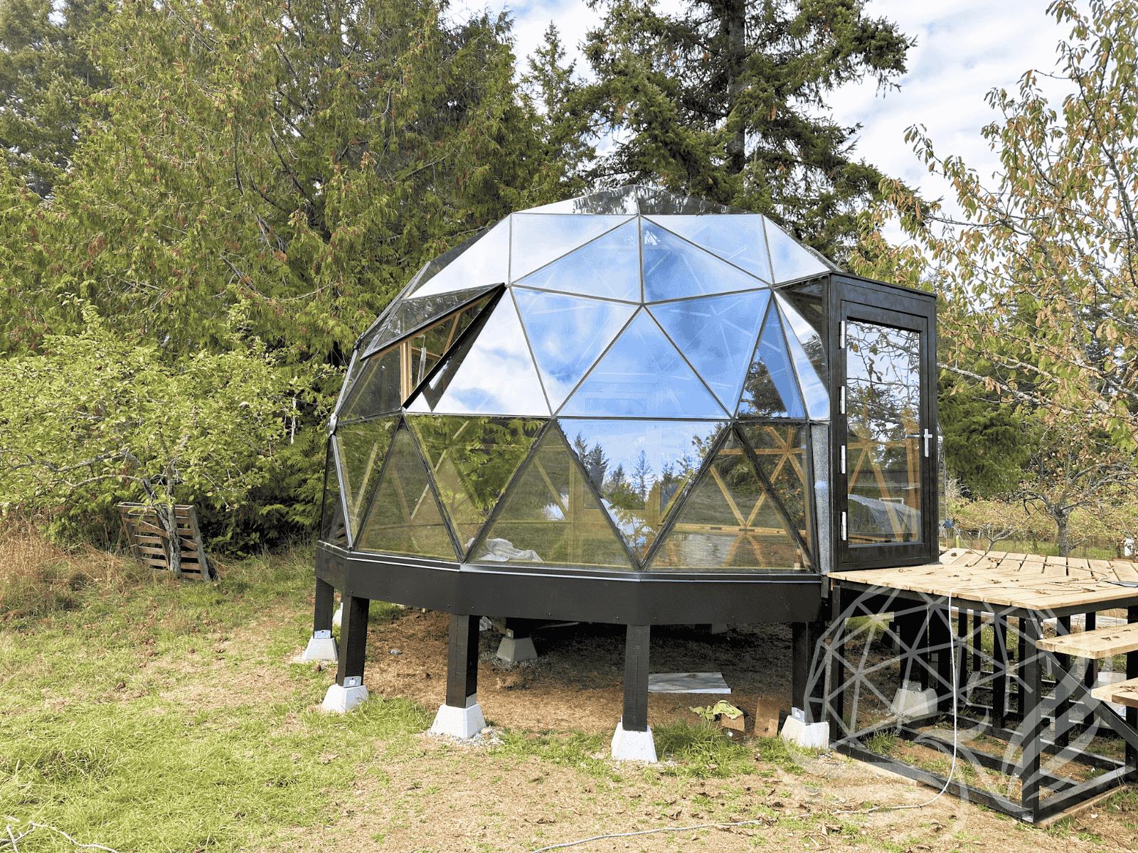 Elevated glass geodesic dome cabin by Phoenix Domes on steel platform in forest setting.