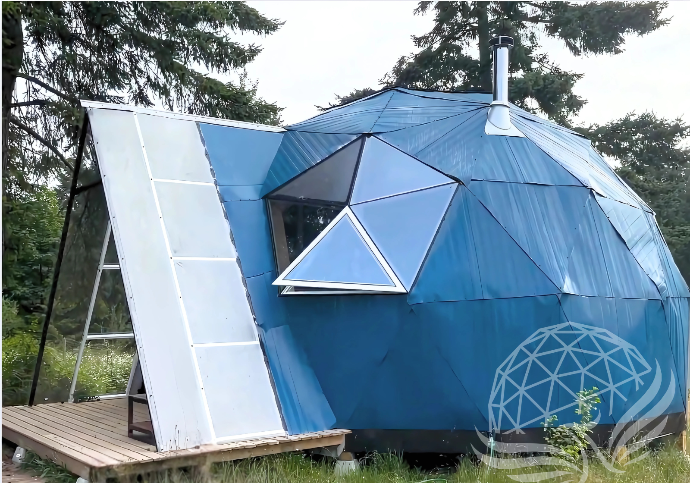 A residential dome with blue aluminum cover , a hexagon window and A Frame door awning