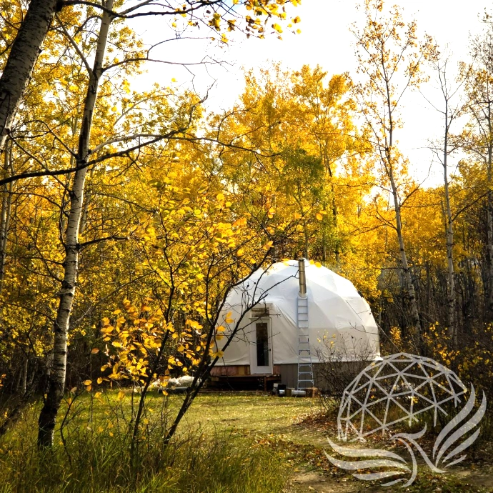 Autumn forest retreat with dome structure