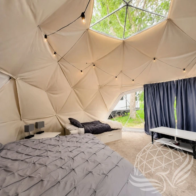 Cozy glamping dome bedroom interior