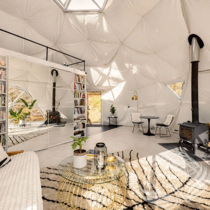 Modern geodesic dome with cozy seating area
