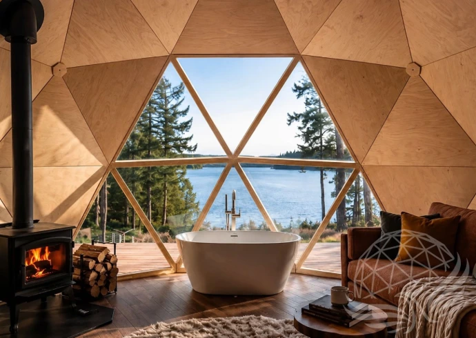 Cozy Geodesic Lakeside Cabin Interior