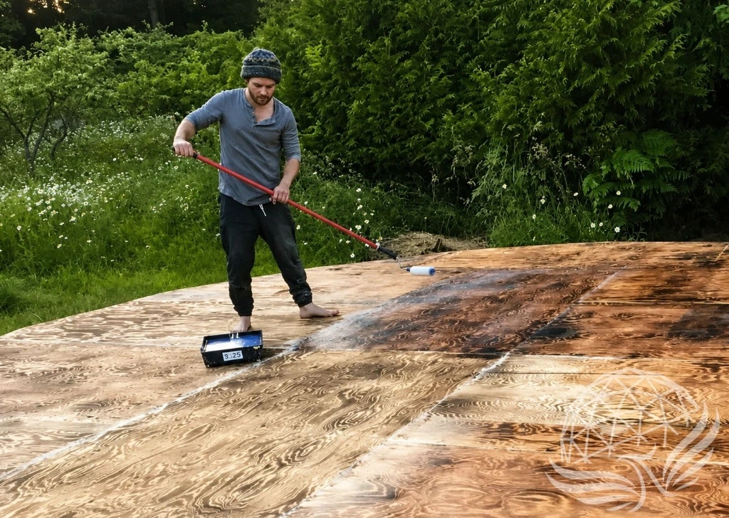 Bearded Man Squeegeeing Wet Plywood Deck