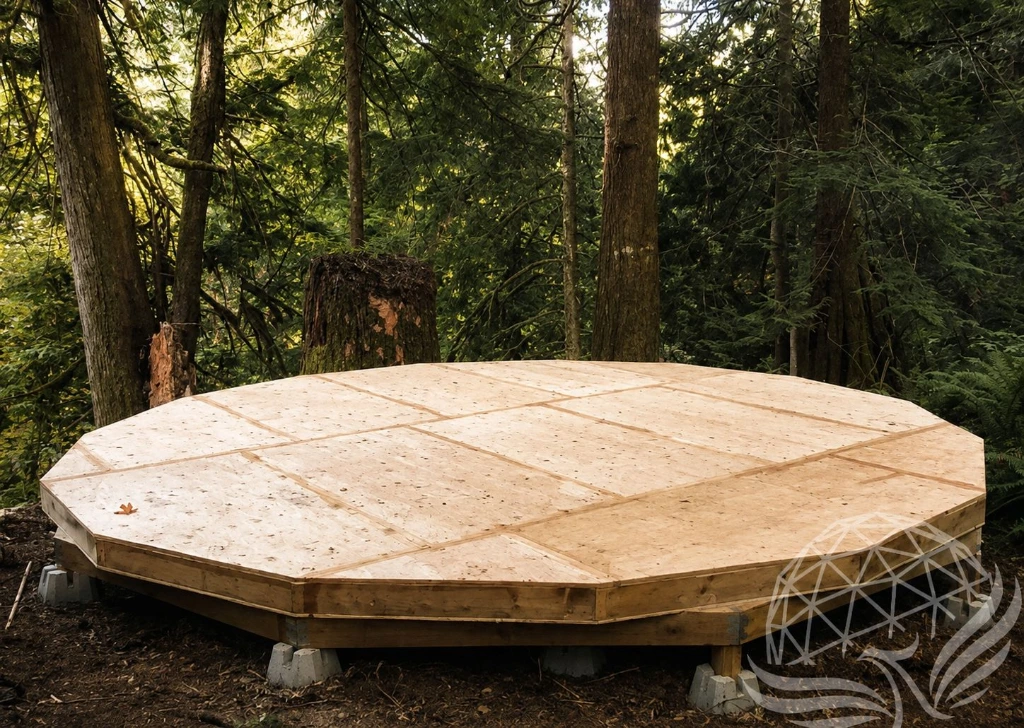 Octagonal Woodland Platform in Sunlit Forest