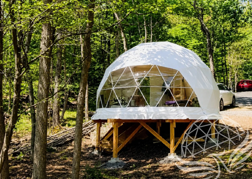 White geodesic dome on raised platform