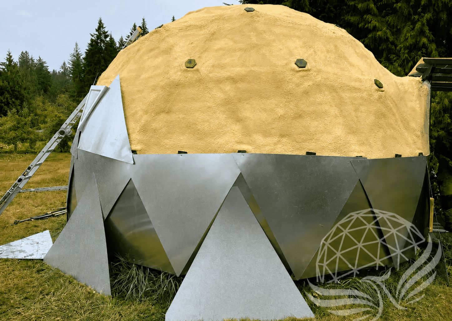 A geodesic dome with aluminum cover and spray foam insulation