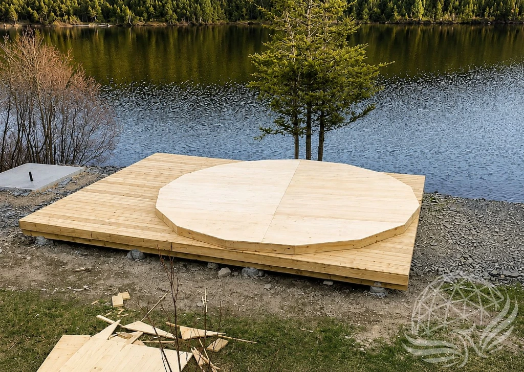 Lakeside Wooden Deck and Evergreen Forest