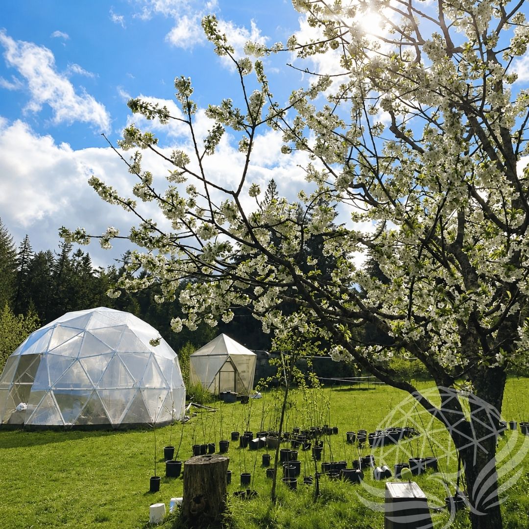 Blossoming Garden with Geodesic Greenhouses