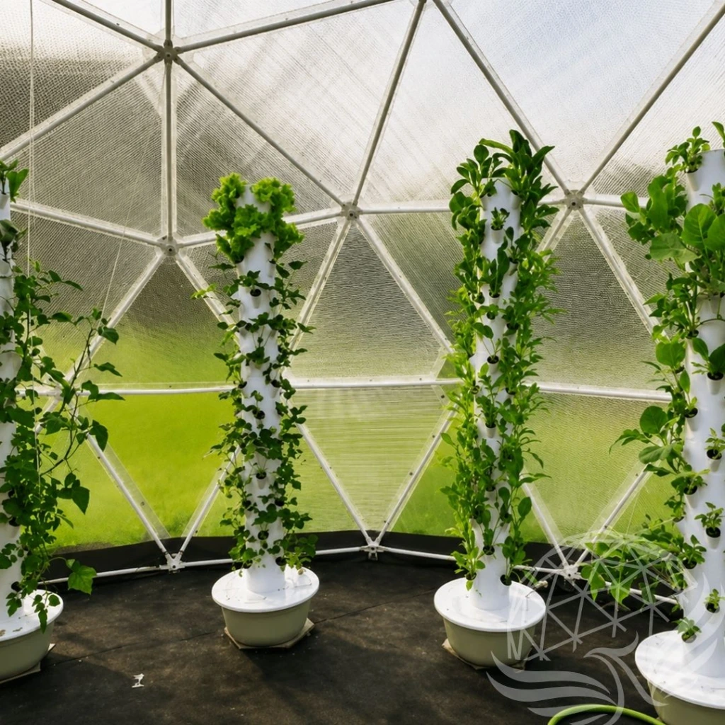Hydroponic Towers Under a Geodesic Dome