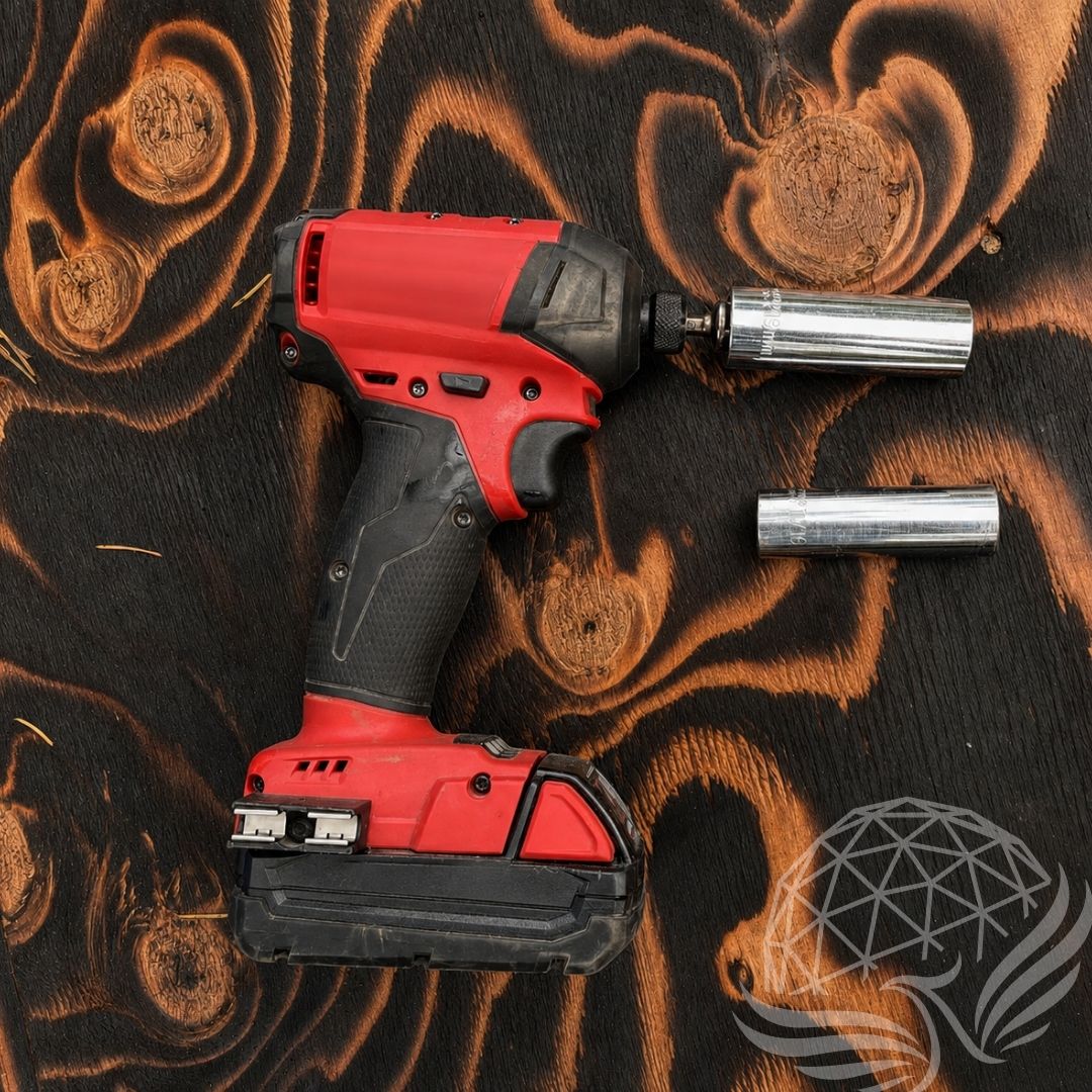 Red Impact Wrench on Burnt Wood
