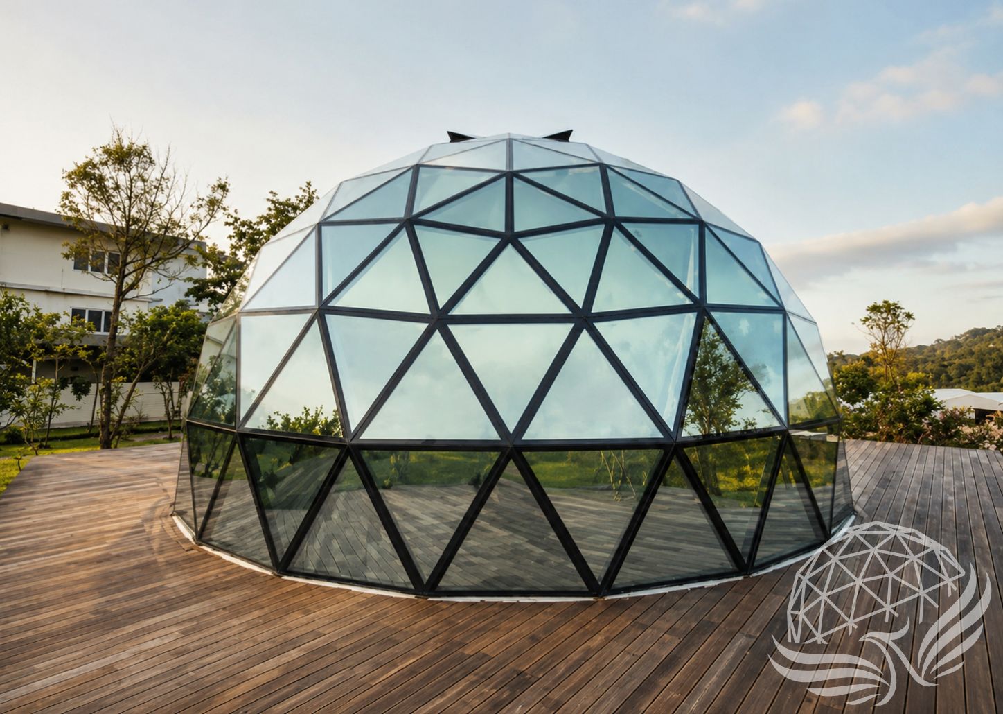 Glass Geodesic Dome on Wooden Deck