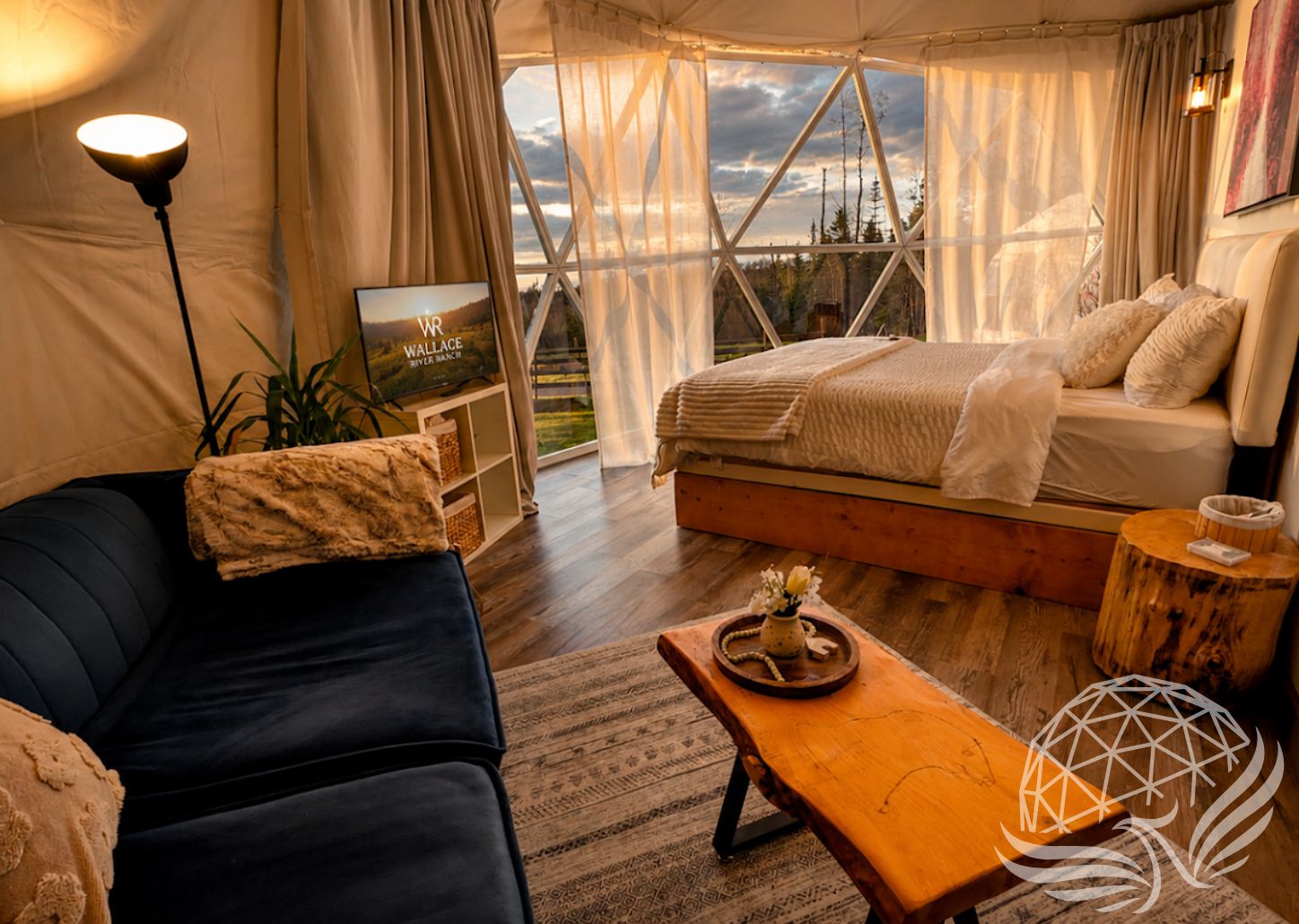 Cozy geodesic dome bedroom