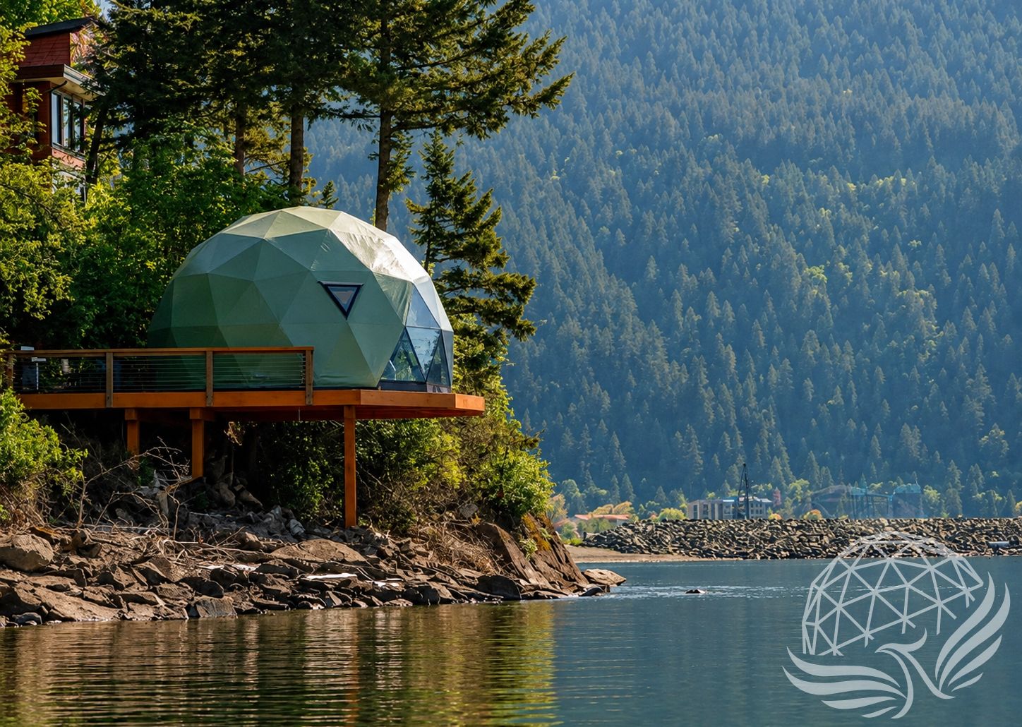 Geodesic dome overlooking a lake