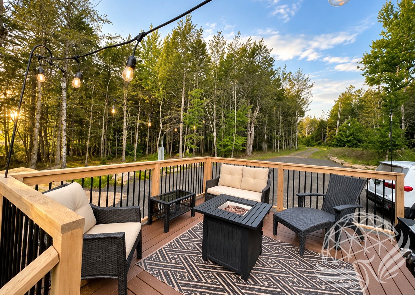 Cozy Forest Deck at Golden Hour