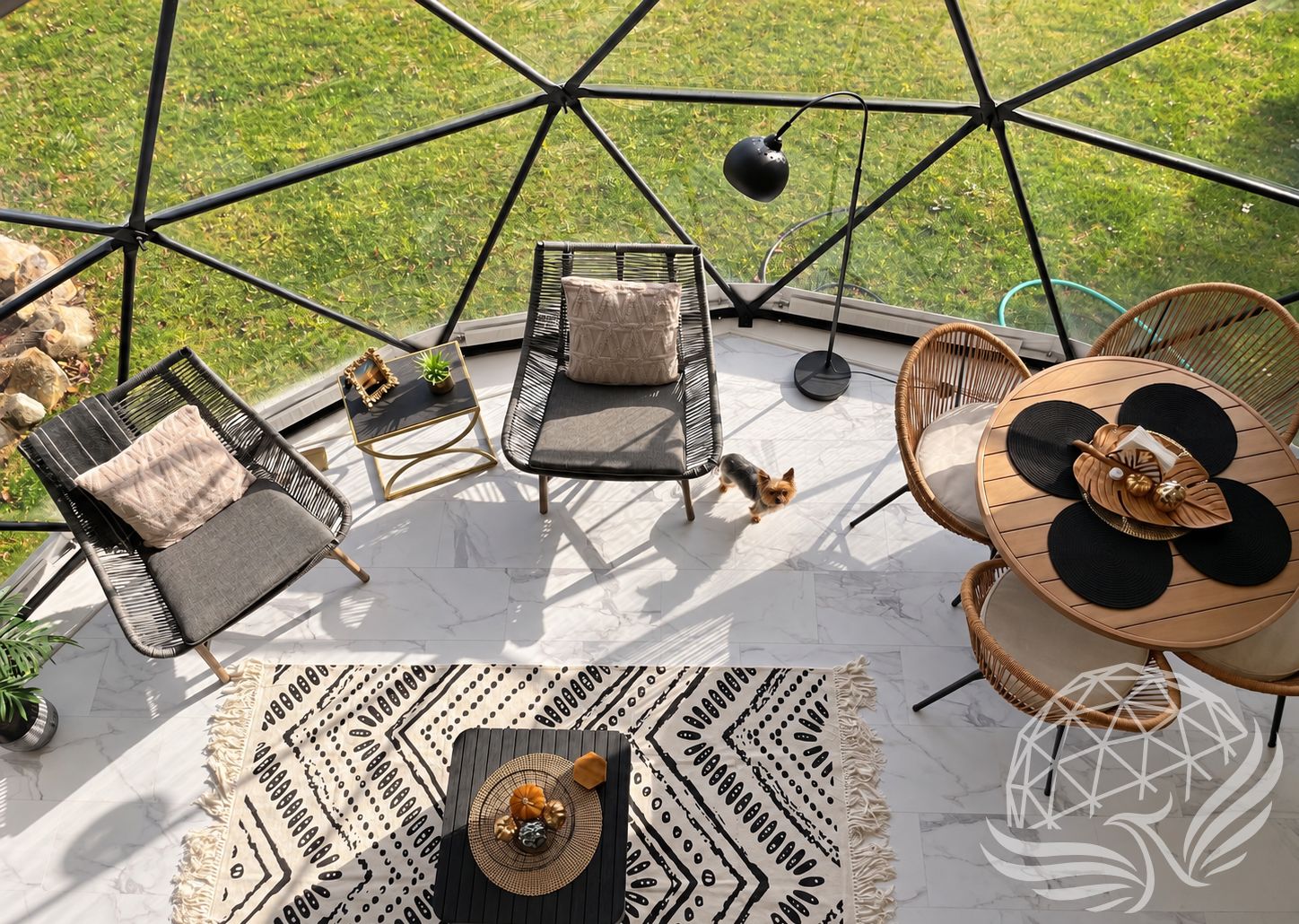 Cozy interior of a geodesic dome with panorama window