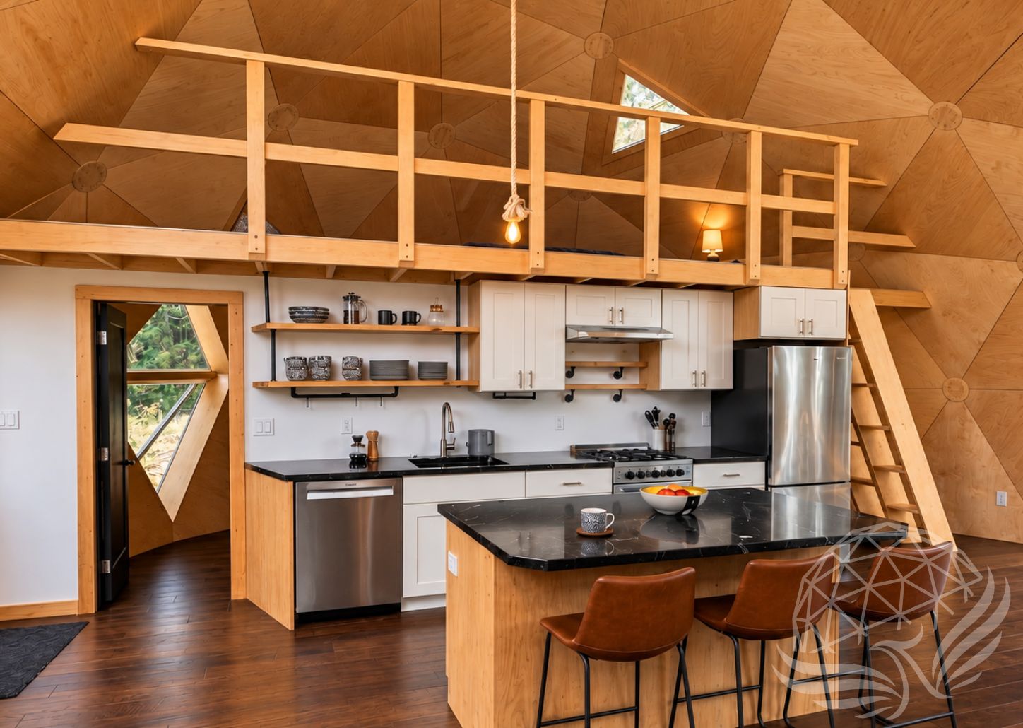 Warm Geodesic Dome Cabin Kitchen