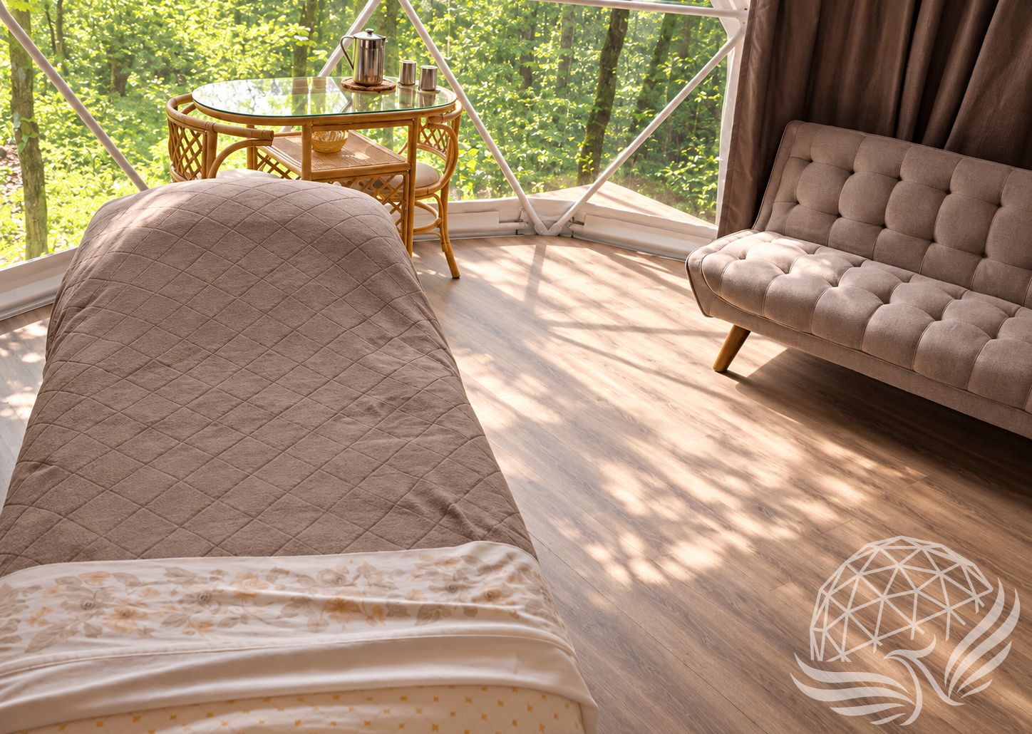 massage bed inside a geodesic dome