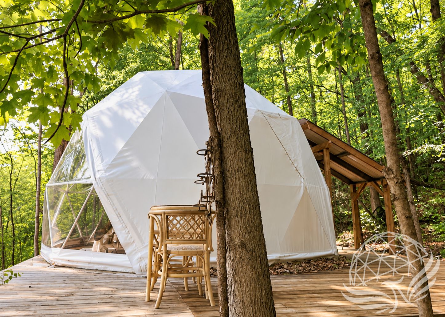 White geodesic dome on the forest setting