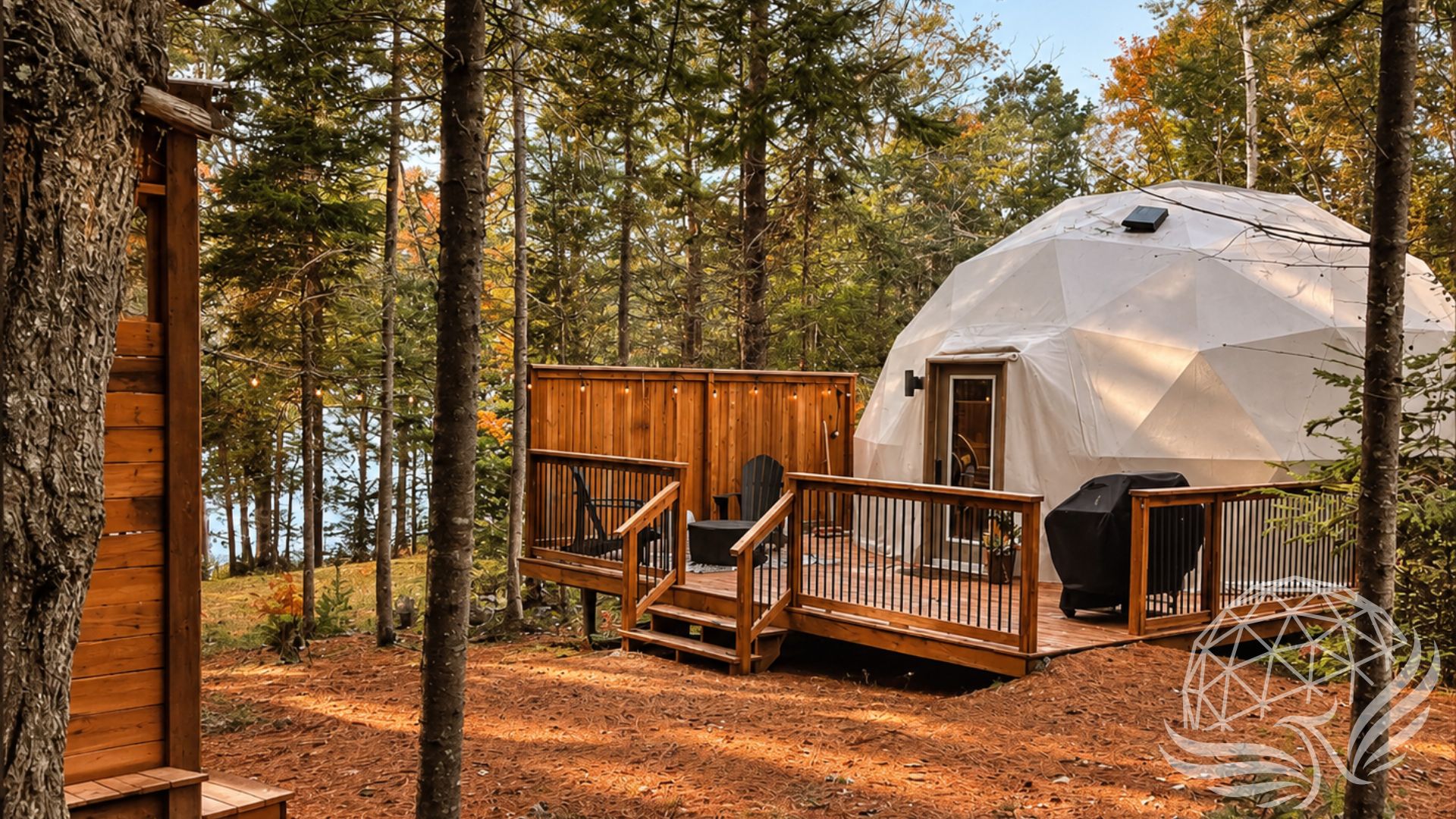 Moonshine Dome Retreat with white geodesic dome and wooden deck in forest setting