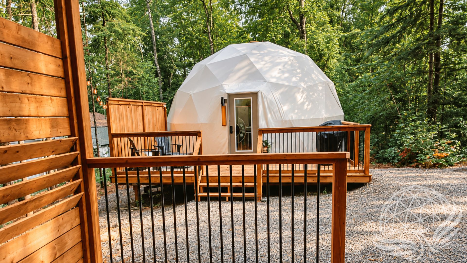 White geodesic dome with wooden deck at Moonshine Dome Retreat in forest setting
